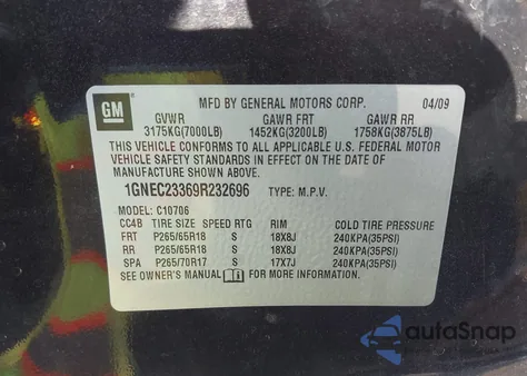 2009 Chevrolet Tahoe Lt1 z USA, uszkodzony, nr VIN 1GNEC23369R232696